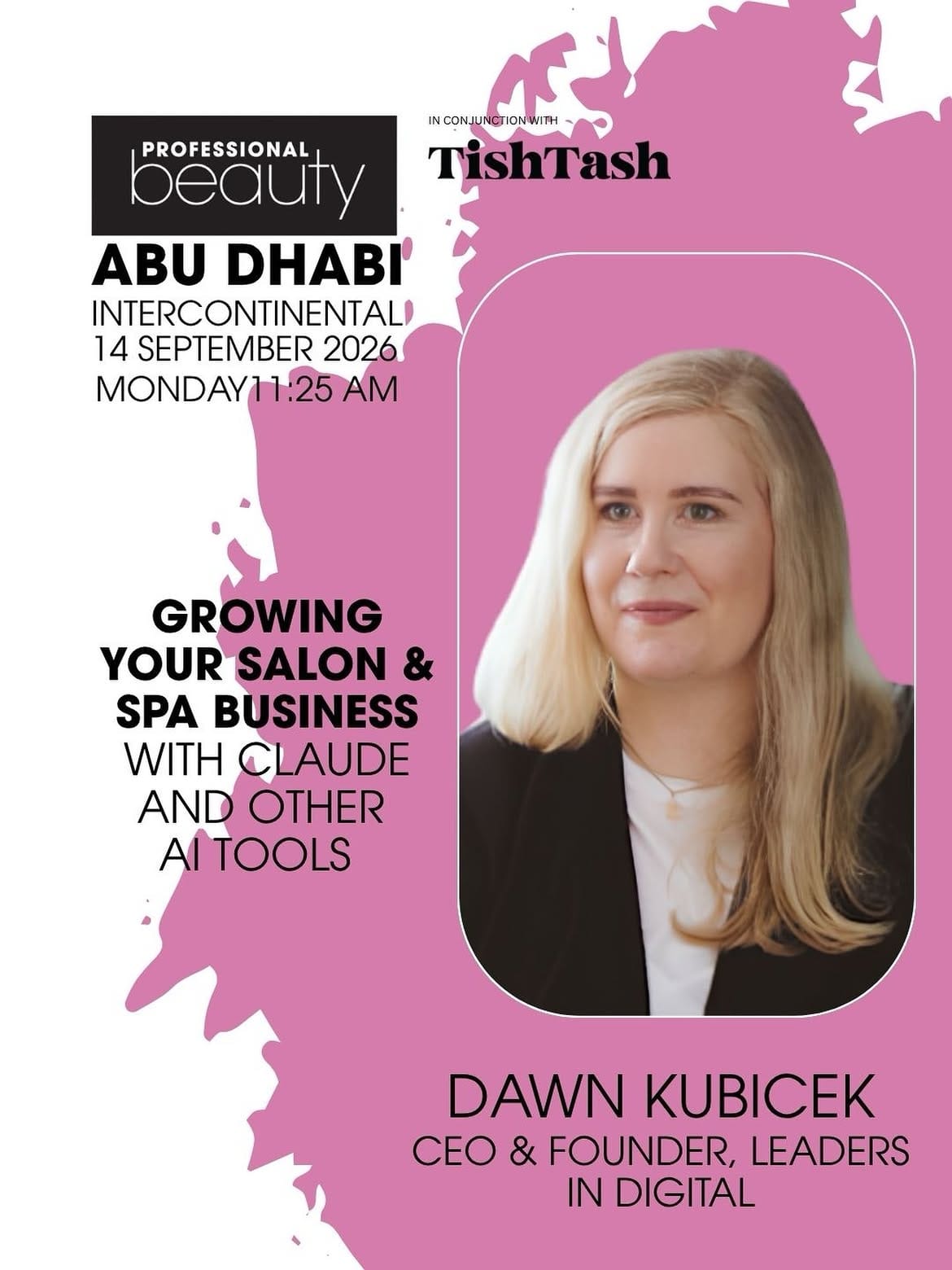 Dawn Kubicek speaking about Claude AI for salon and spa marketing at Professional Beauty Abu Dhabi